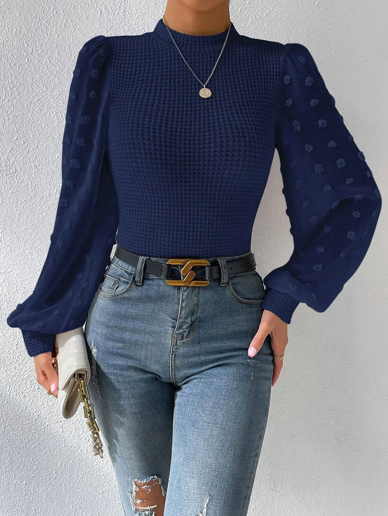Fashion Knitwear Round Neck Stitching Blouse