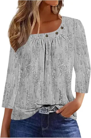 Generic Women's Casual 3/4 Sleeve T-Shirt Square Neck Cute Tunic Tops Button Decor Pleated Dressy Blouse Summer Cute Boho Tee