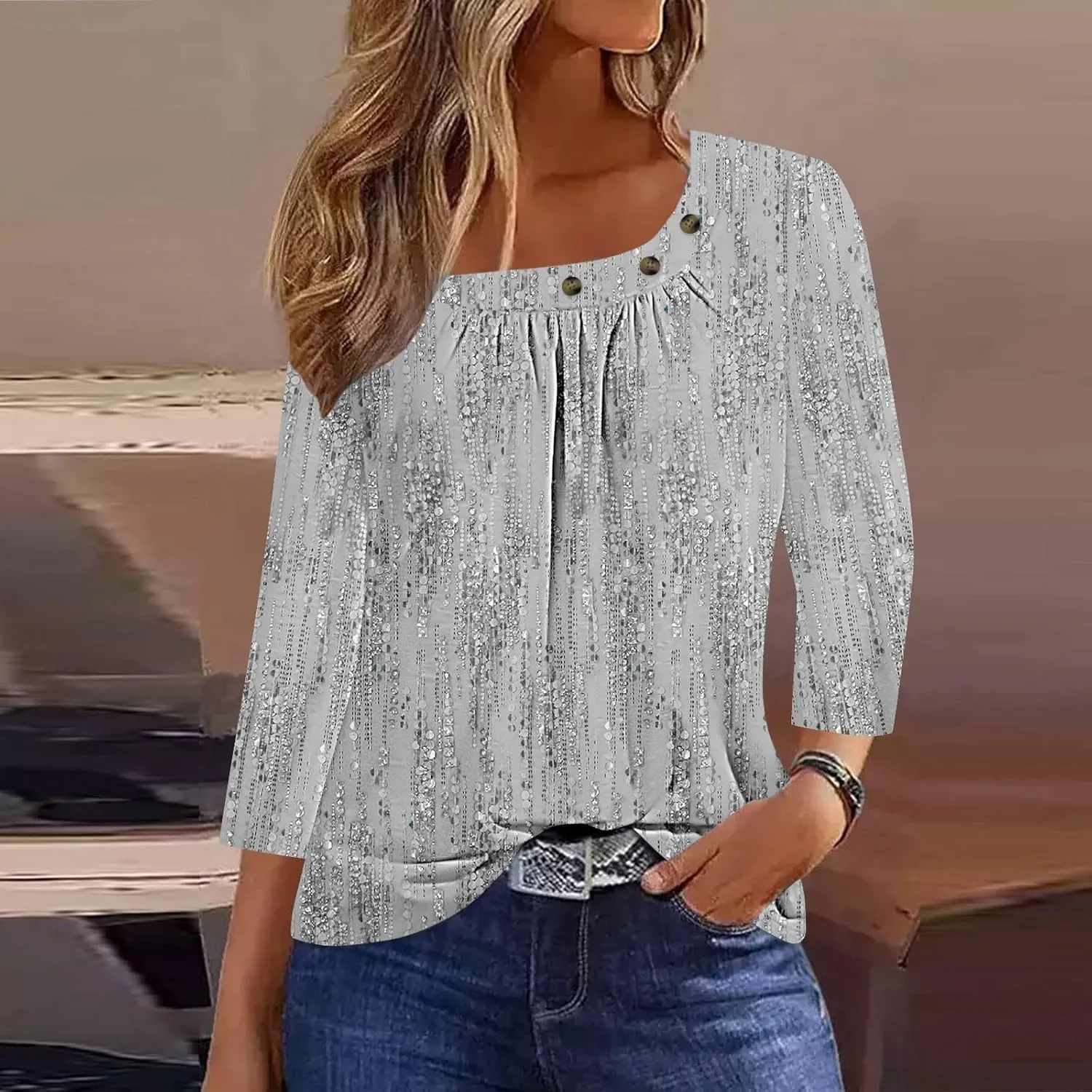 Generic Women's Casual 3/4 Sleeve T-Shirt Square Neck Cute Tunic Tops Button Decor Pleated Dressy Blouse Summer Cute Boho Tee