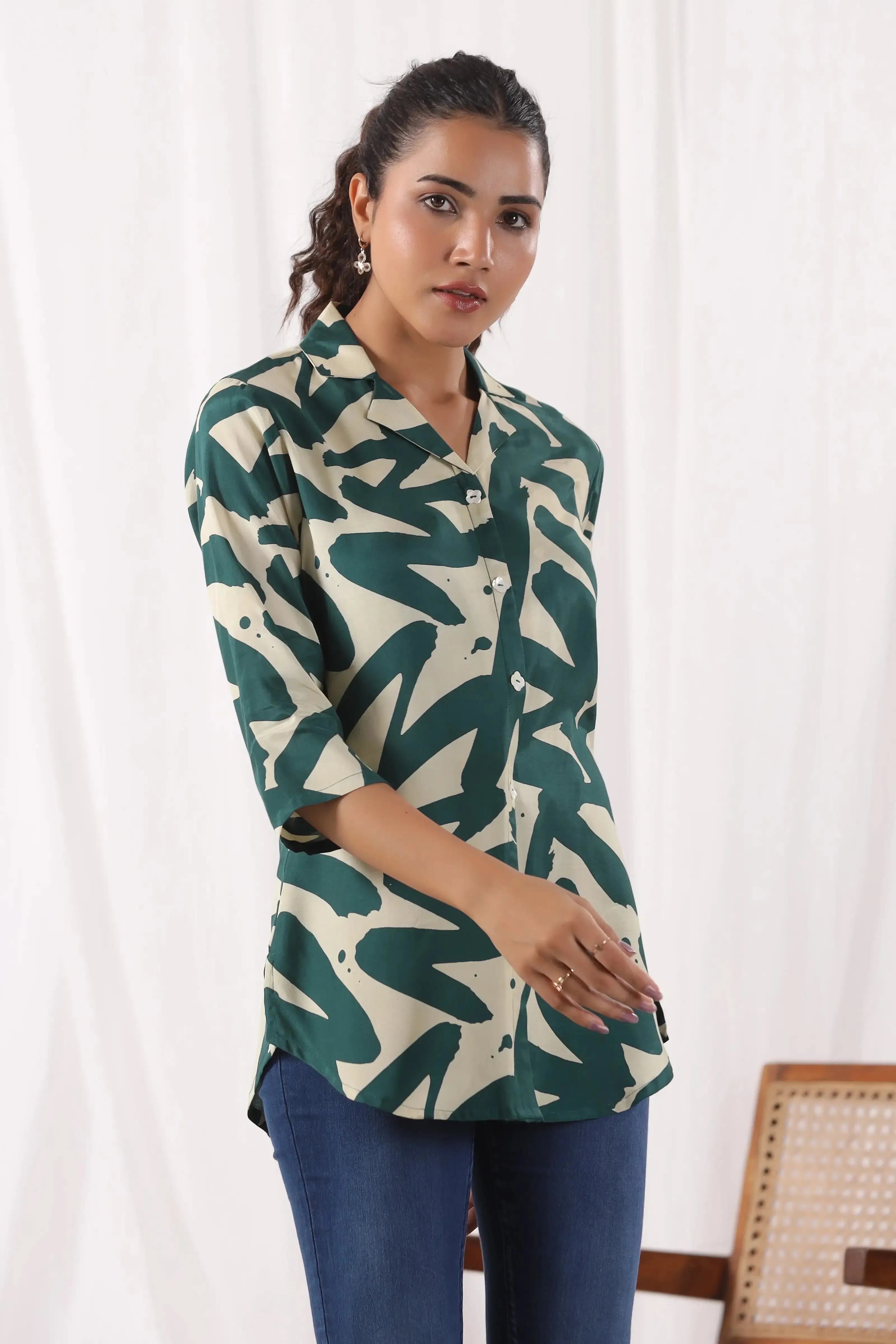Green Russian Silk Floral Printed  Shirt