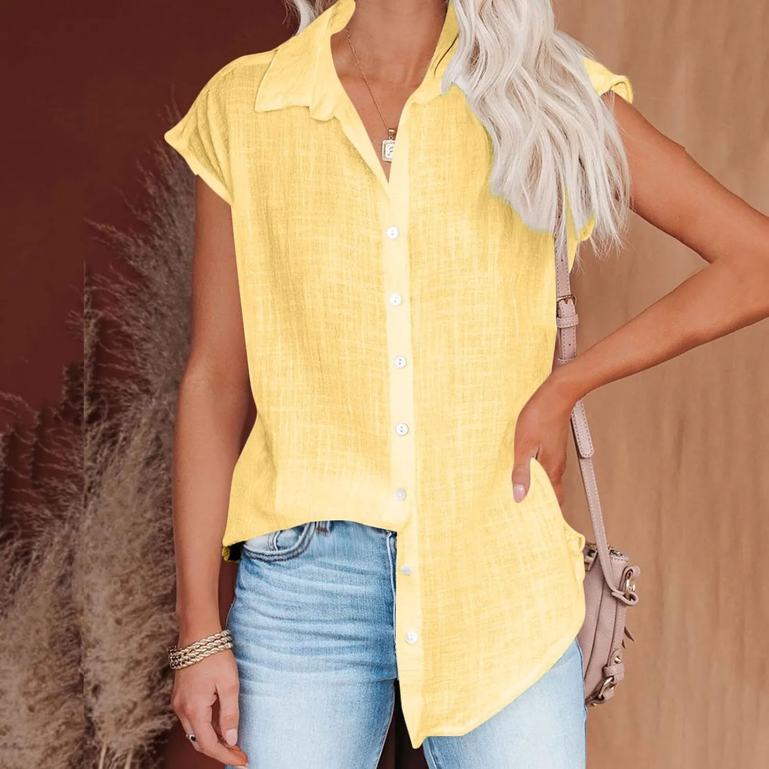 Linen Tops for Women Cap Sleeve Tops for Dressy Button Down Shirts Solid Color Blouse Slim Fit Shirts Tops