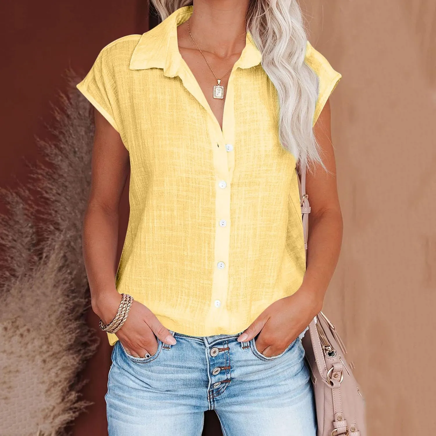 Linen Tops for Women Cap Sleeve Tops for Dressy Button Down Shirts Solid Color Blouse Slim Fit Shirts Tops