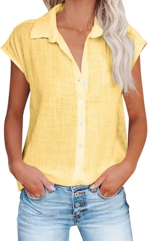 Linen Tops for Women Cap Sleeve Tops for Dressy Button Down Shirts Solid Color Blouse Slim Fit Shirts Tops