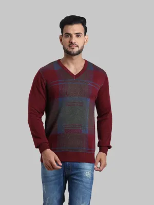 Men Maroon Tailored Fit Jacquard Acrylic Wool Blend Full Sleeve V Neck Collar Sweaters