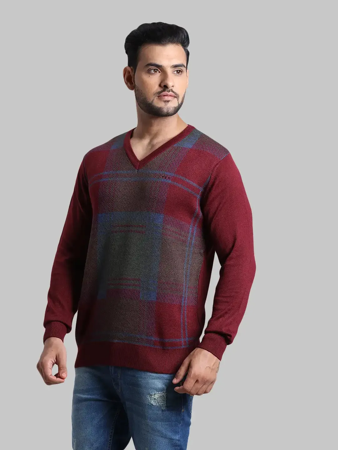 Men Maroon Tailored Fit Jacquard Acrylic Wool Blend Full Sleeve V Neck Collar Sweaters