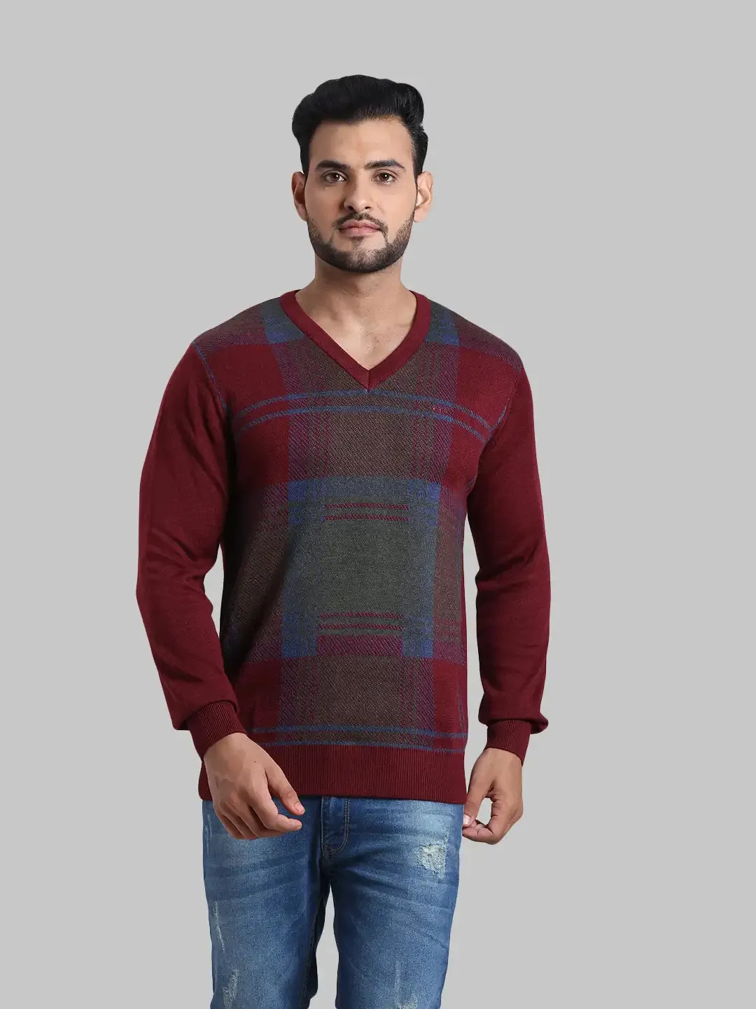 Men Maroon Tailored Fit Jacquard Acrylic Wool Blend Full Sleeve V Neck Collar Sweaters