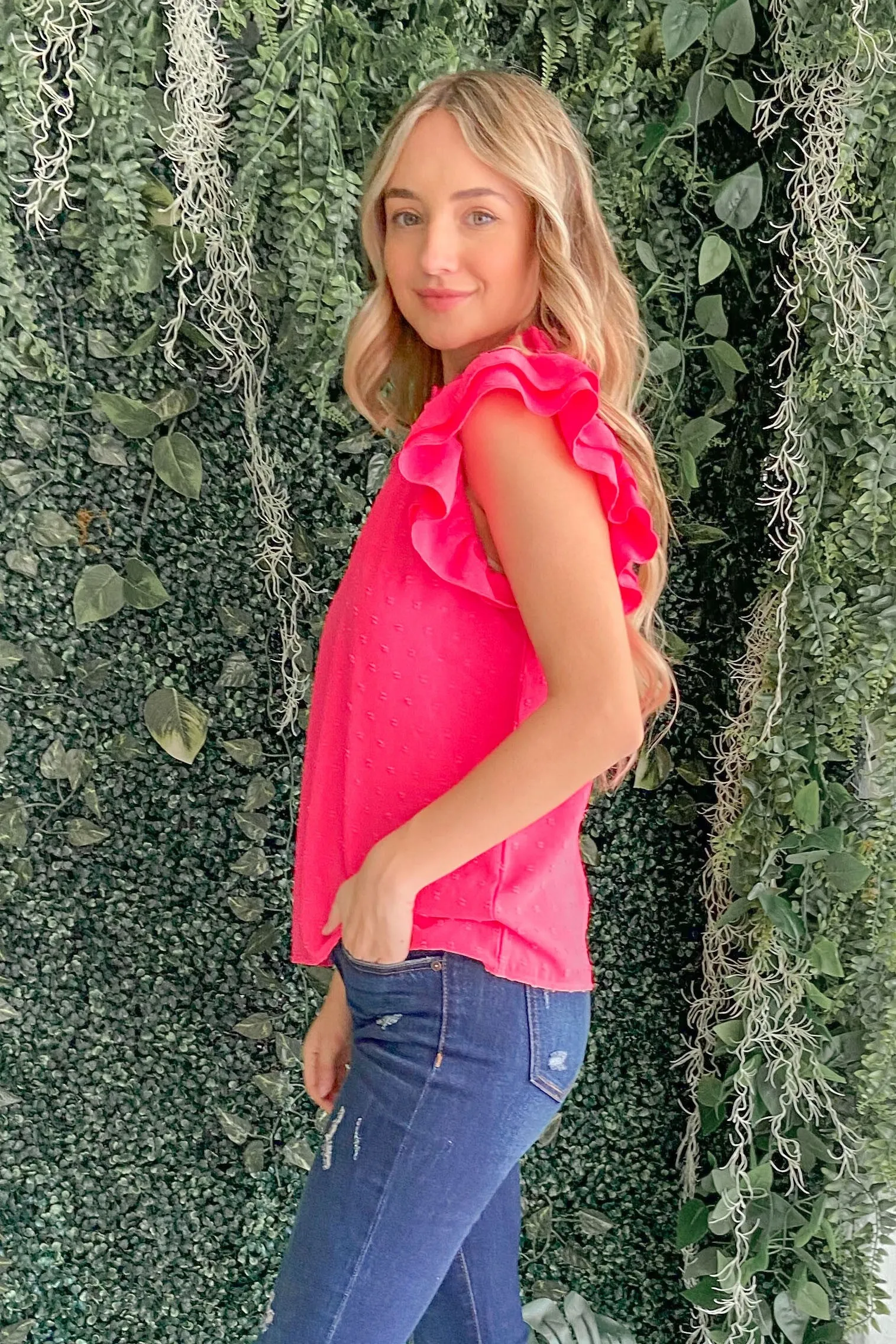 Polka Dot Textured Double Layered Ruffles Blouse (Fuchsia)