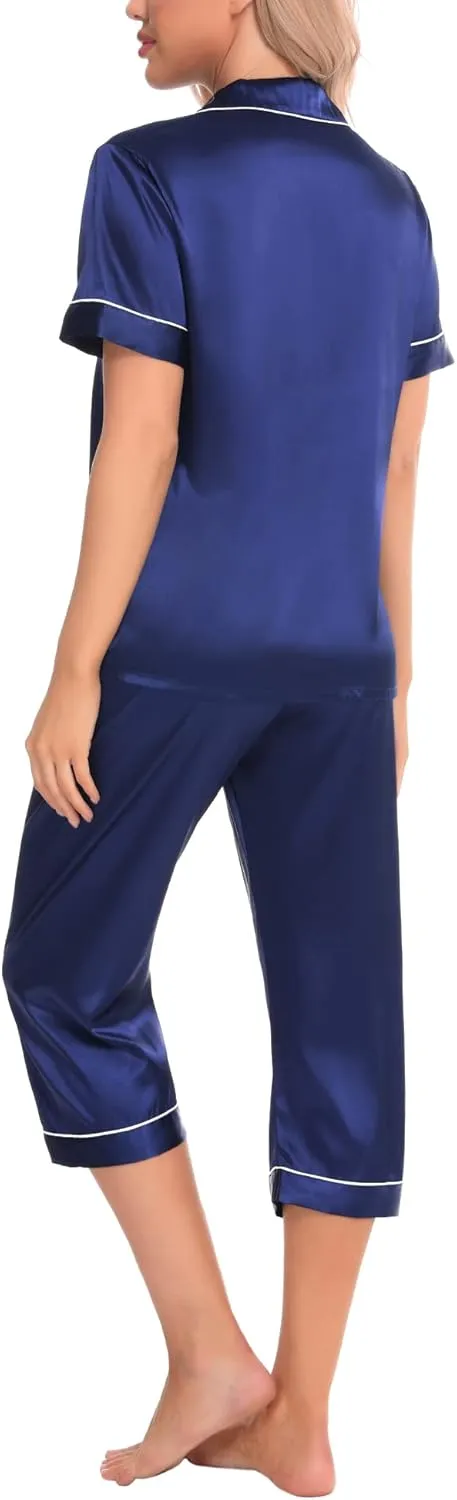 SWOMOG Satin Pajama Set Women Silk Pjs Set Short Sleeve 2 Piece Button Down Sleepwear Lounge Sets