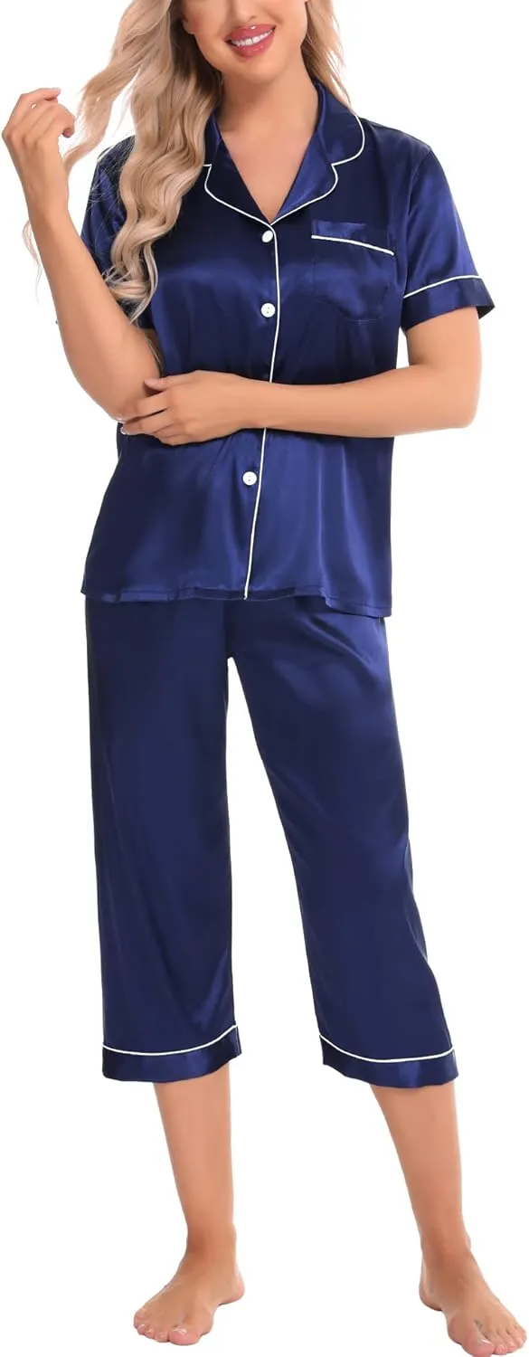SWOMOG Satin Pajama Set Women Silk Pjs Set Short Sleeve 2 Piece Button Down Sleepwear Lounge Sets
