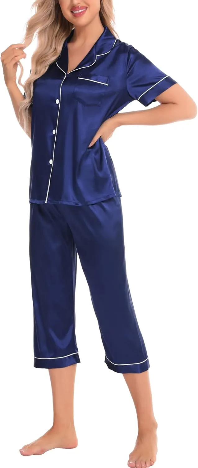 SWOMOG Satin Pajama Set Women Silk Pjs Set Short Sleeve 2 Piece Button Down Sleepwear Lounge Sets