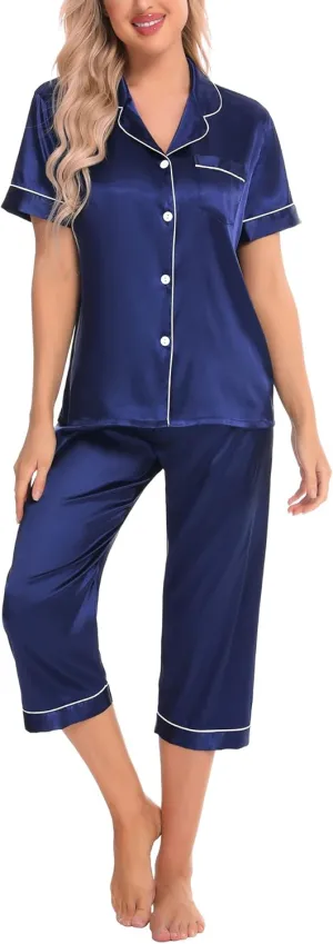 SWOMOG Satin Pajama Set Women Silk Pjs Set Short Sleeve 2 Piece Button Down Sleepwear Lounge Sets