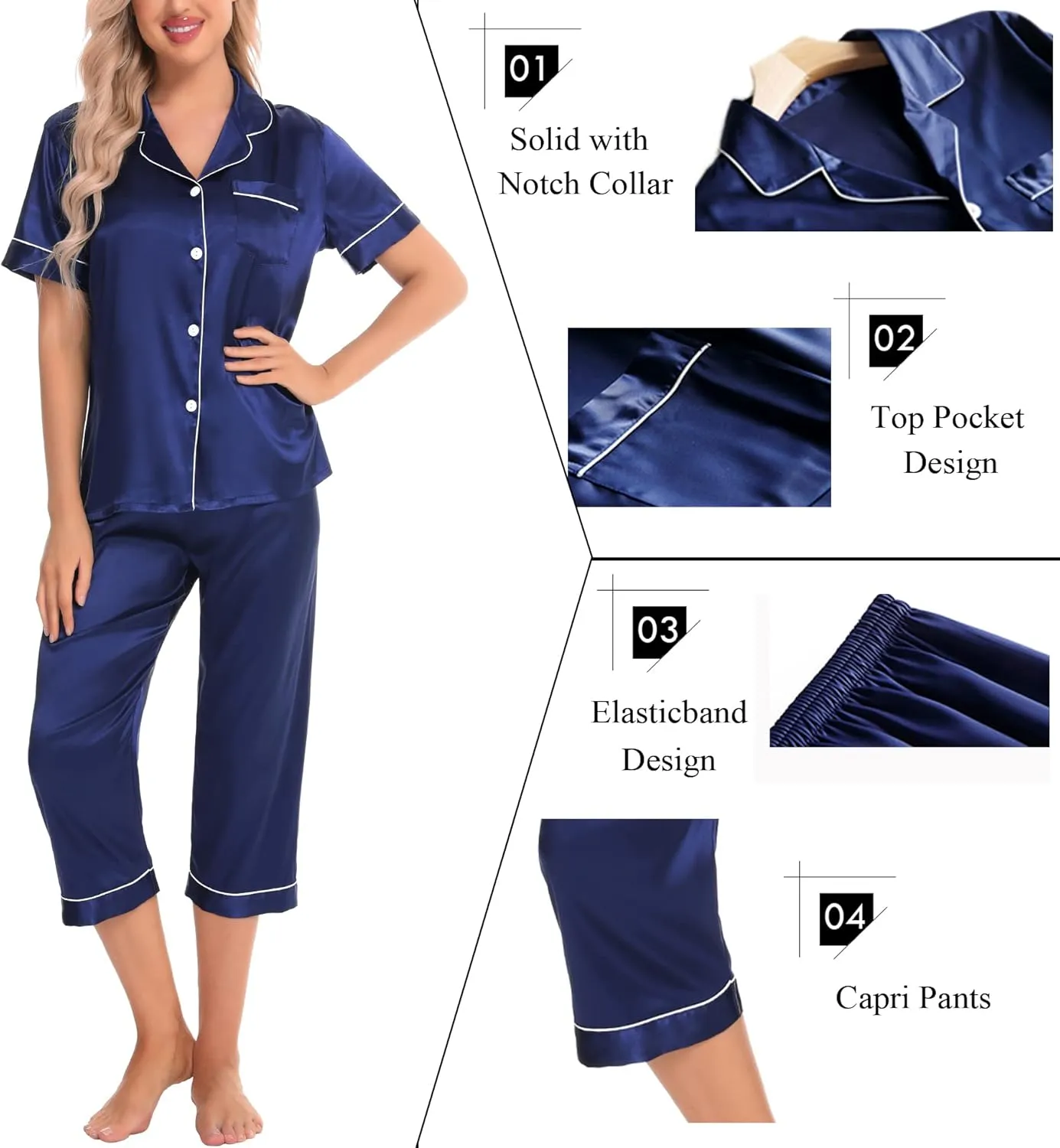 SWOMOG Satin Pajama Set Women Silk Pjs Set Short Sleeve 2 Piece Button Down Sleepwear Lounge Sets
