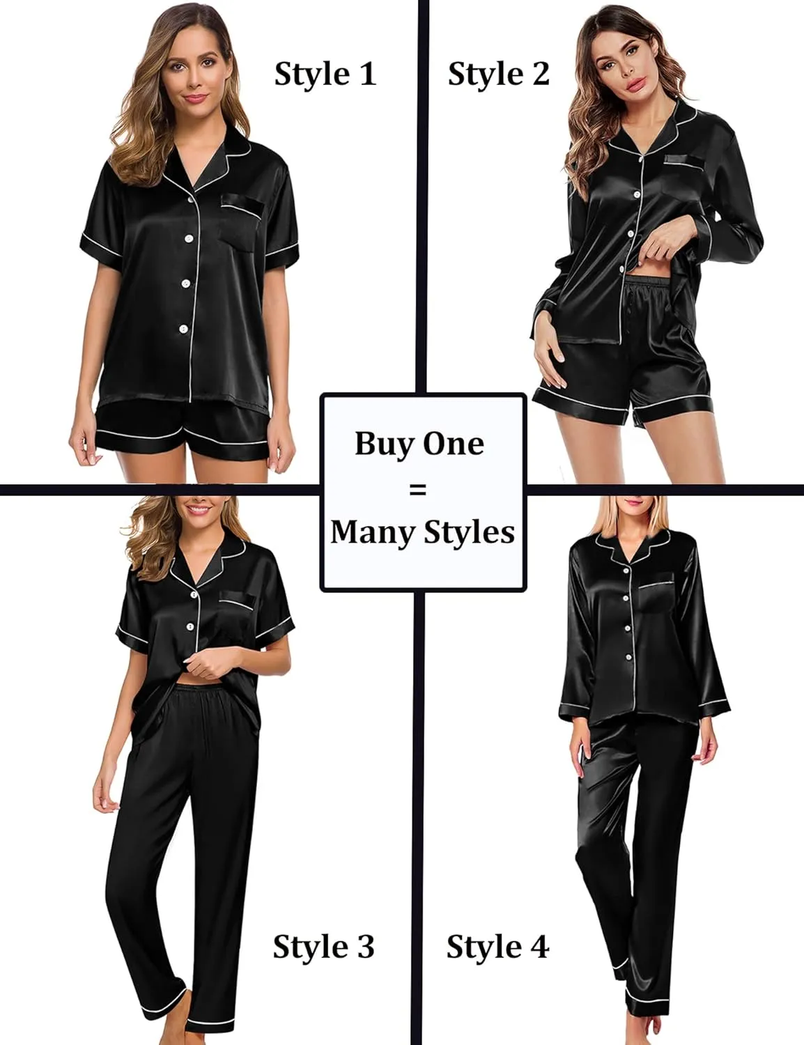 SWOMOG Women 4Pcs Silk Pajamas Set Button Down Sleepwear Loungewear Pj Sets for Ladies Nightwear