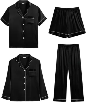 SWOMOG Women 4Pcs Silk Pajamas Set Button Down Sleepwear Loungewear Pj Sets for Ladies Nightwear