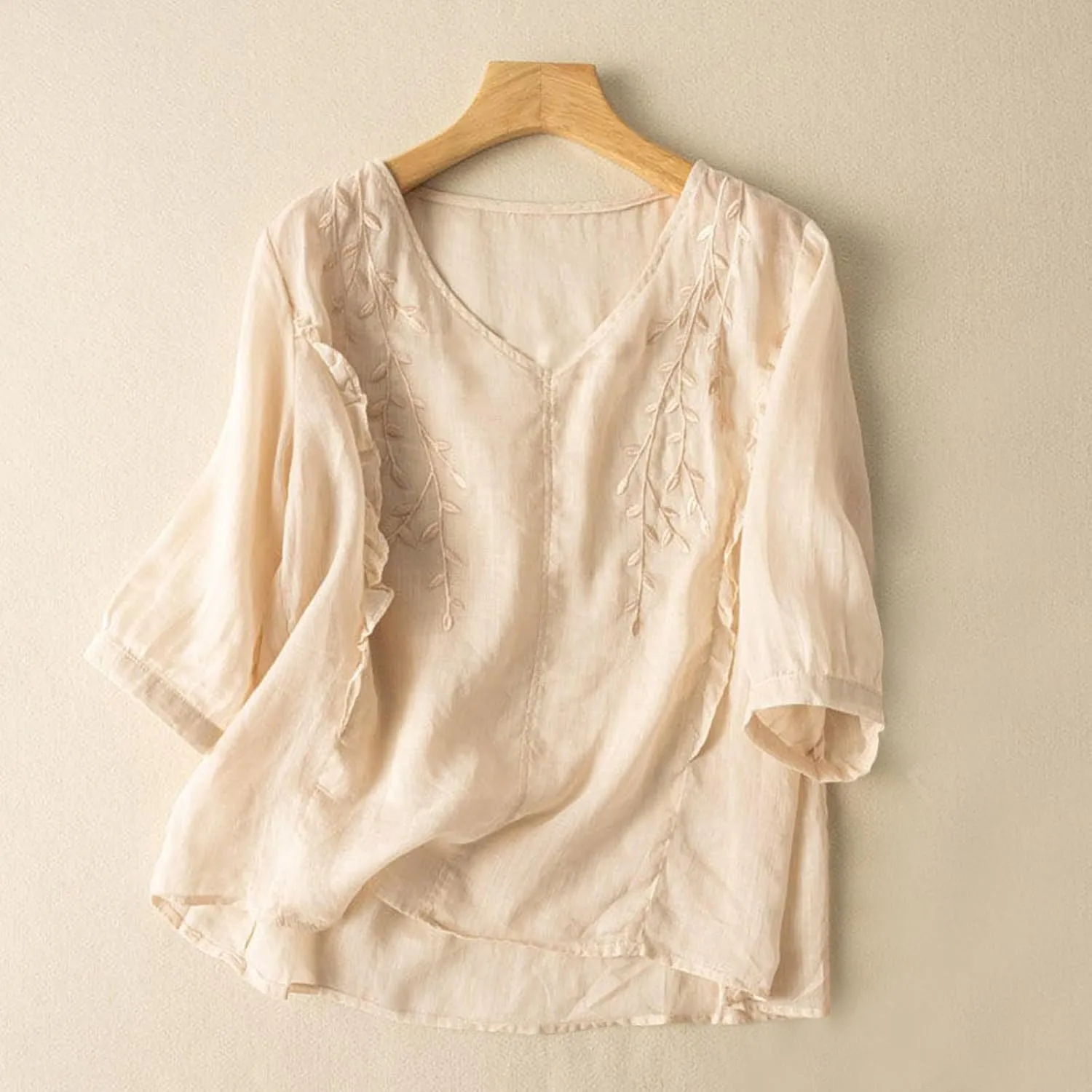 Womens Peasant Tops and Blouses Summer Fashion Embroidered Shirts Fashion Short Sleeve Cotton Linen Shirt