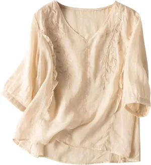 Womens Peasant Tops and Blouses Summer Fashion Embroidered Shirts Fashion Short Sleeve Cotton Linen Shirt