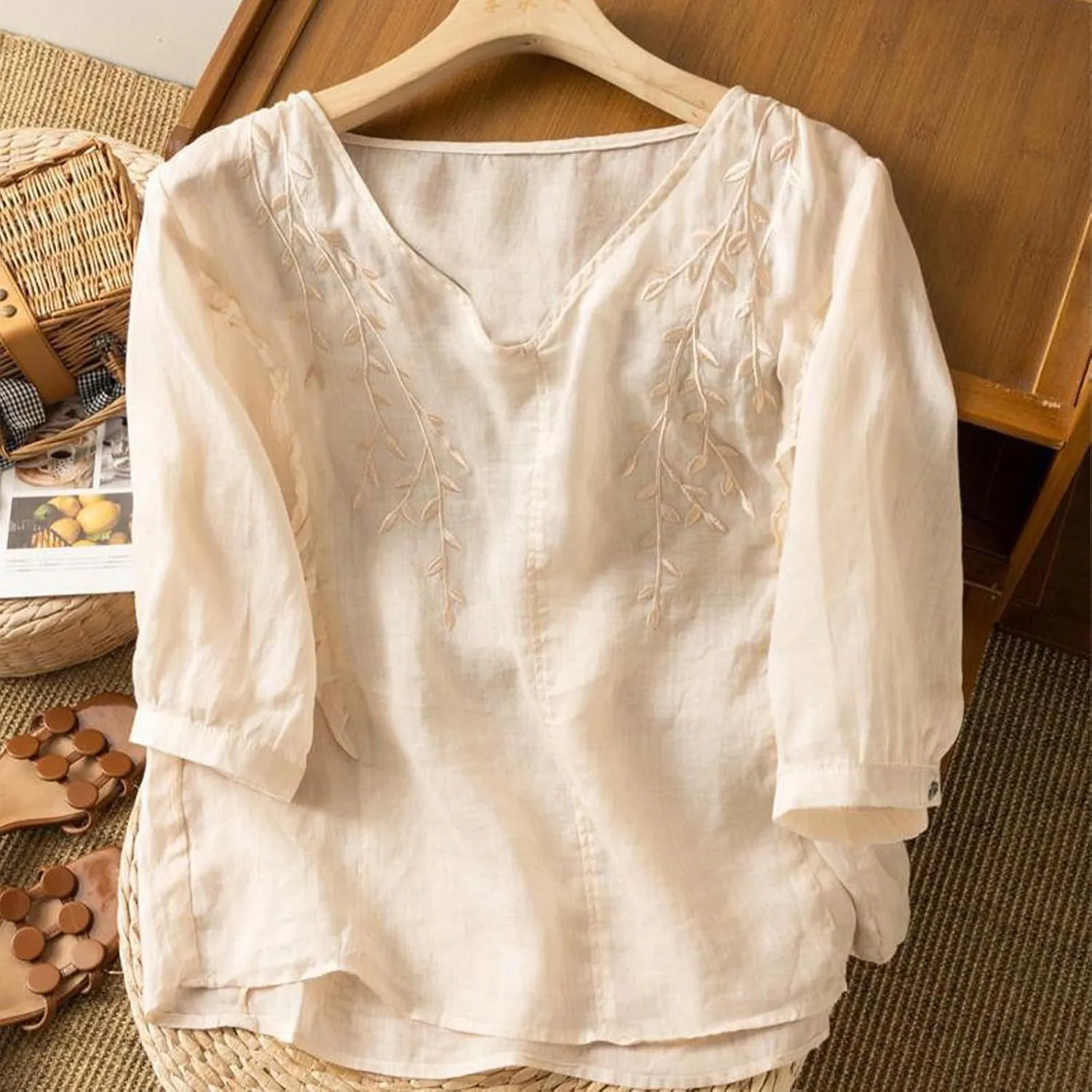 Womens Peasant Tops and Blouses Summer Fashion Embroidered Shirts Fashion Short Sleeve Cotton Linen Shirt