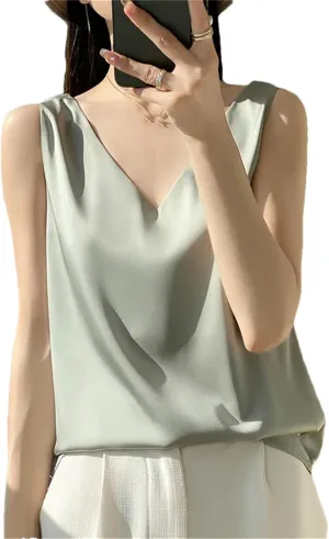 Women's Silk Satin Camisole Tank Top Summer V-Neck Sleeveless Bottom Shirts Crop Vest