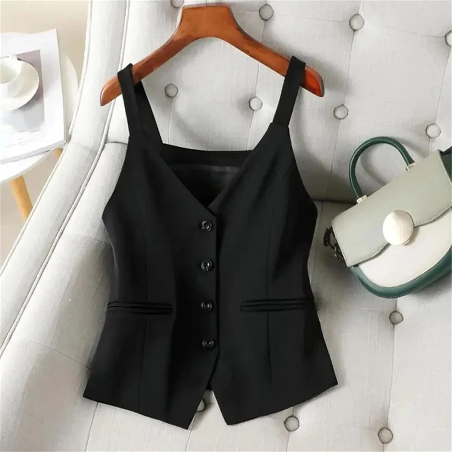 Women's Slim Camisole V-Neck Spaghetti Strap Backless Sleeveless Buttons Vests Tops