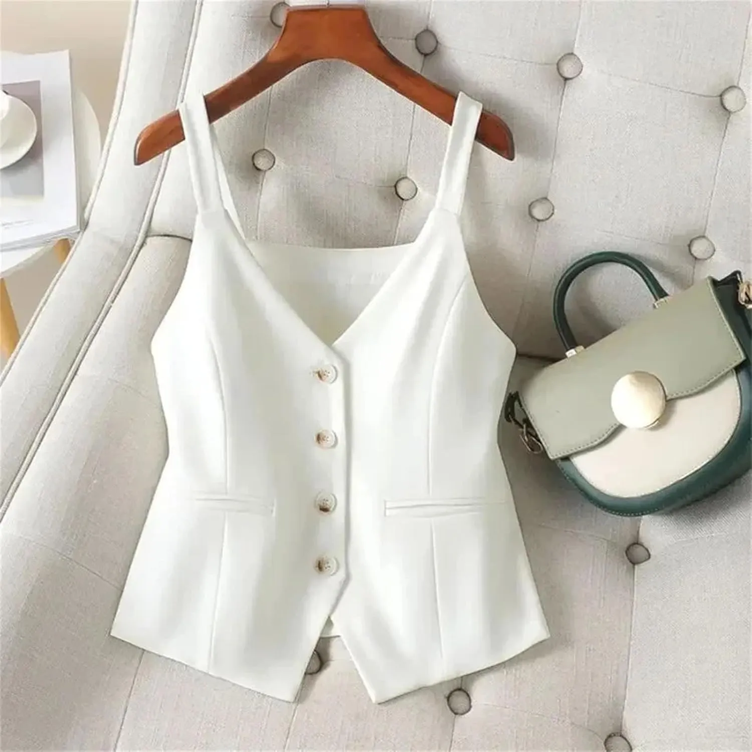 Women's Slim Camisole V-Neck Spaghetti Strap Backless Sleeveless Buttons Vests Tops