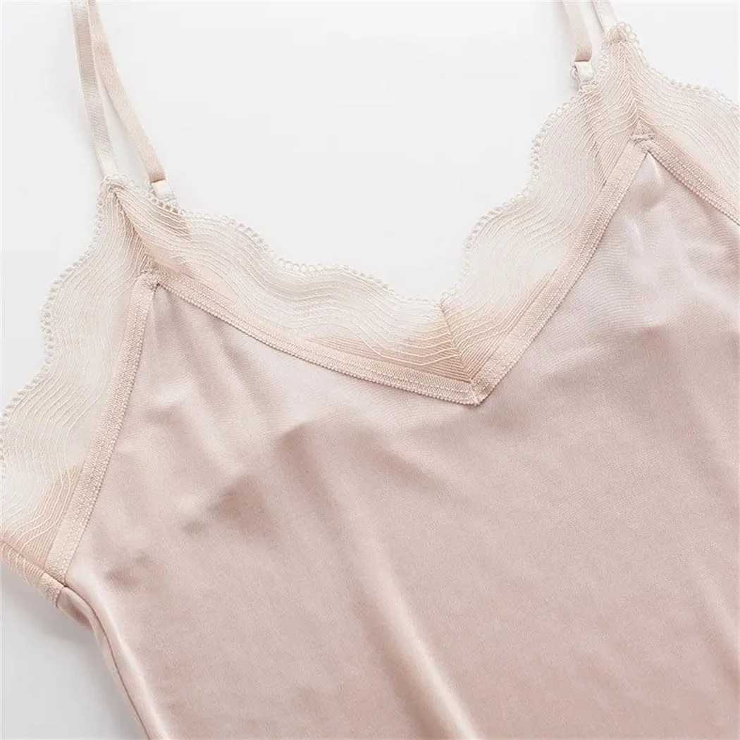 Women's Solid Color Spaghetti Strap Camisoles Mulberry-Silk Tank Tops Lace Spliced V-Neck Cami Vests