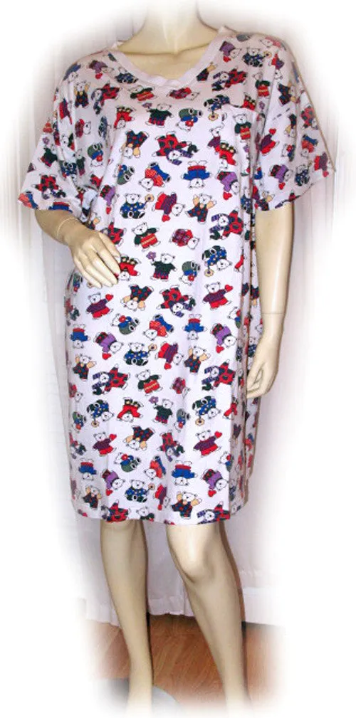 Womens White Multicolor Bear Bears Print V-Neck T-Shirt Dress Tee Short Sleeve Sleepwear L