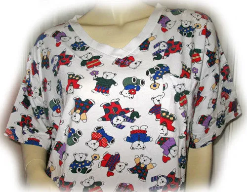 Womens White Multicolor Bear Bears Print V-Neck T-Shirt Dress Tee Short Sleeve Sleepwear L