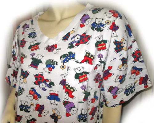 Womens White Multicolor Bear Bears Print V-Neck T-Shirt Dress Tee Short Sleeve Sleepwear L