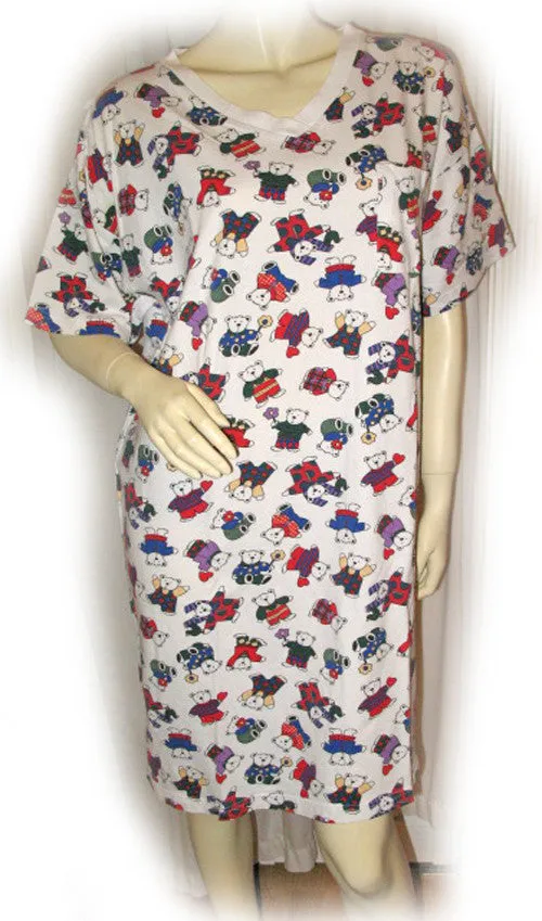 Womens White Multicolor Bear Bears Print V-Neck T-Shirt Dress Tee Short Sleeve Sleepwear L