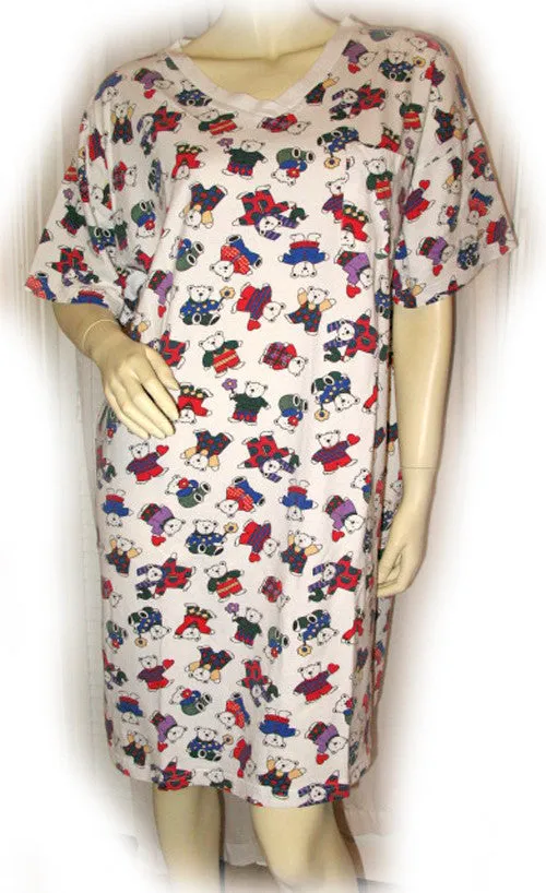 Womens White Multicolor Bear Bears Print V-Neck T-Shirt Dress Tee Short Sleeve Sleepwear L